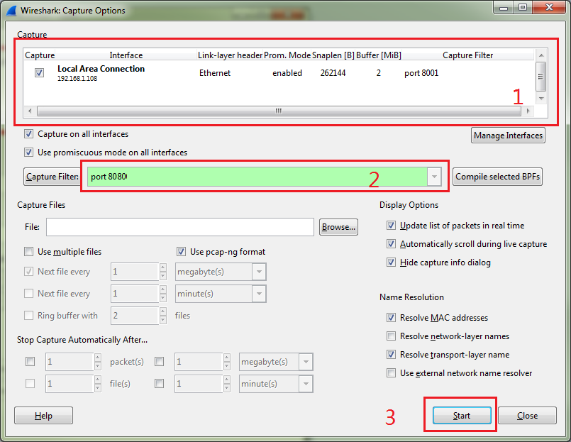 wireshark options